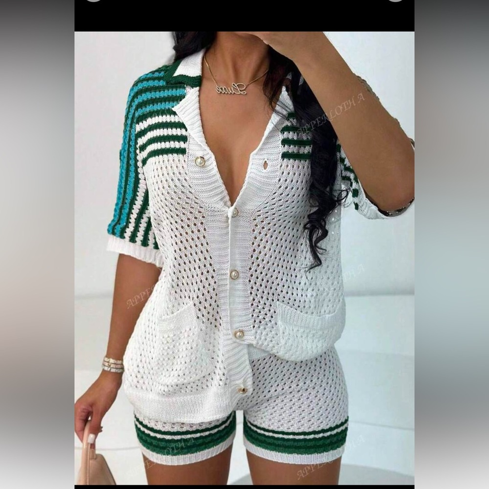 SHEIN Striped Knit Cardigan and Shorts Set see through
